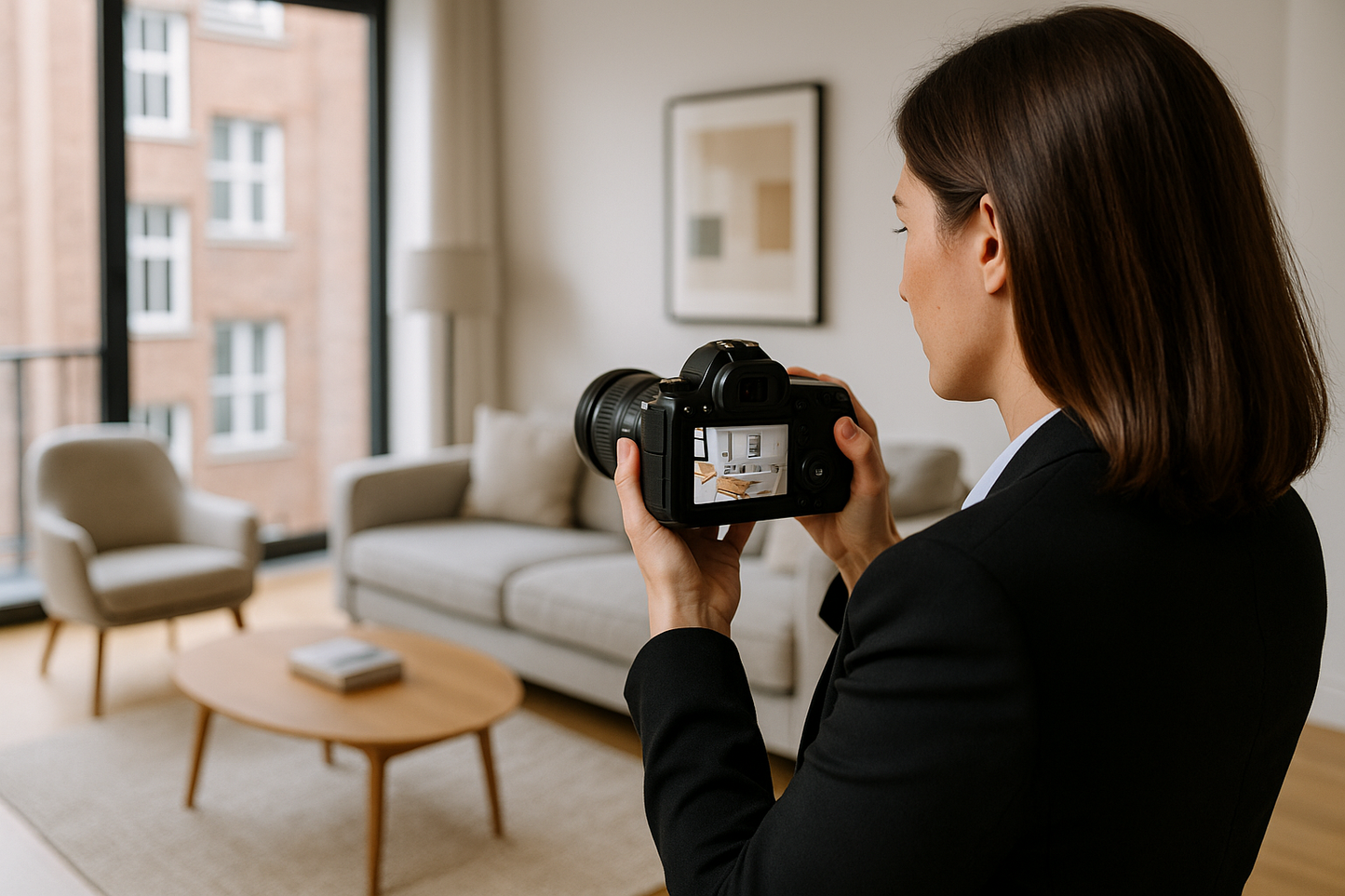Person taking a photo of a living room with a camera
