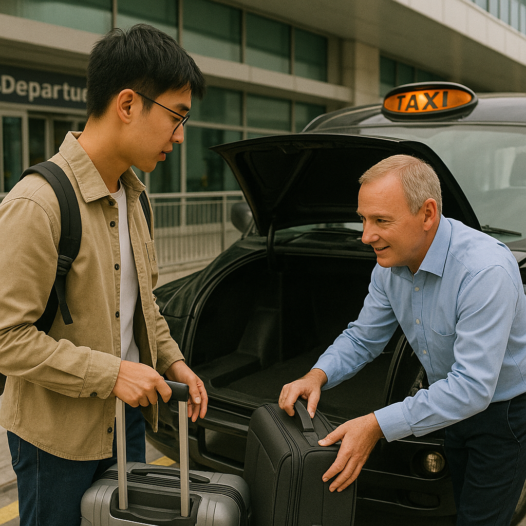 Two men with suitcases interacting with a taxi driver by a taxi.