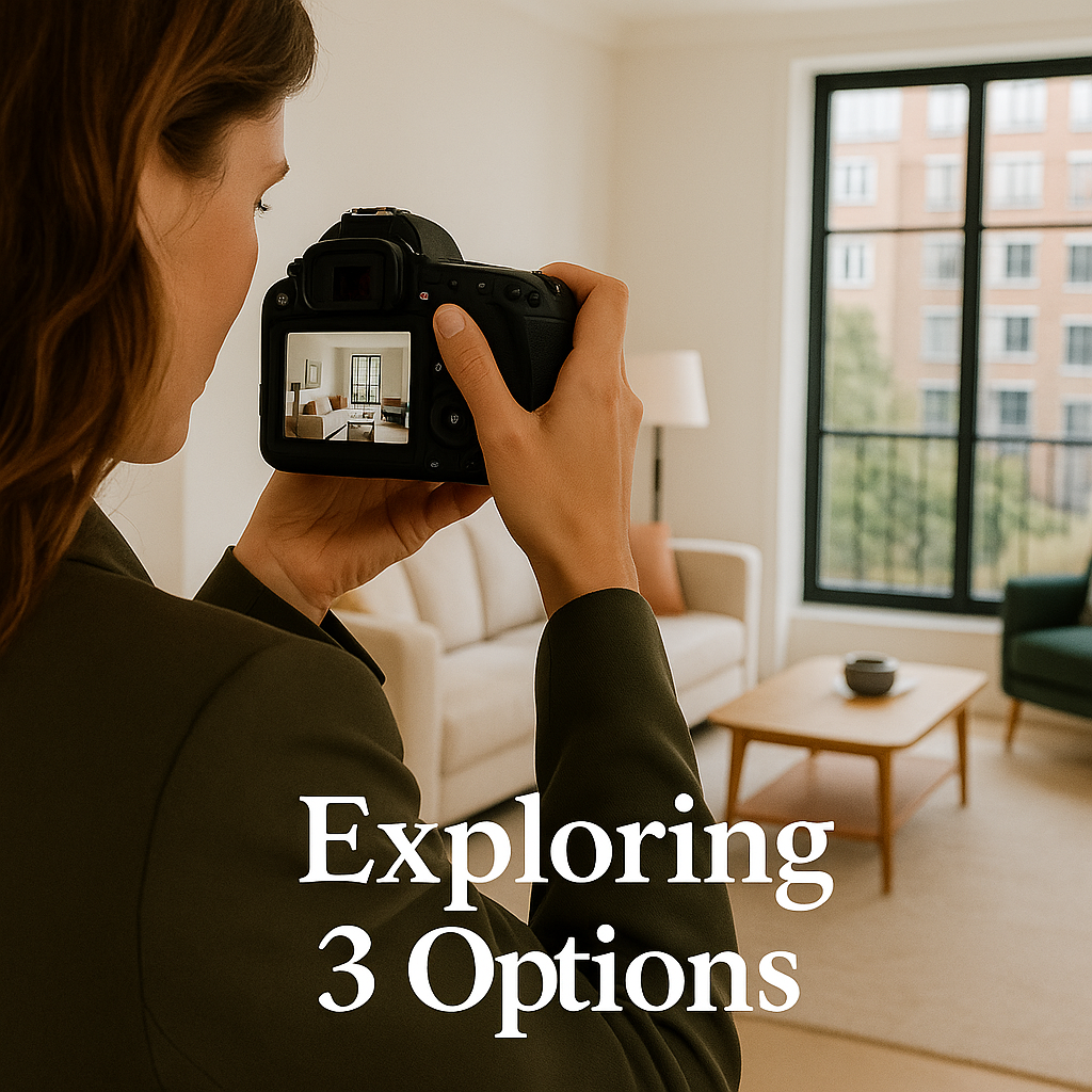 Person taking a photo of a living room with a camera, text 'Exploring 3 Options' overlayed.