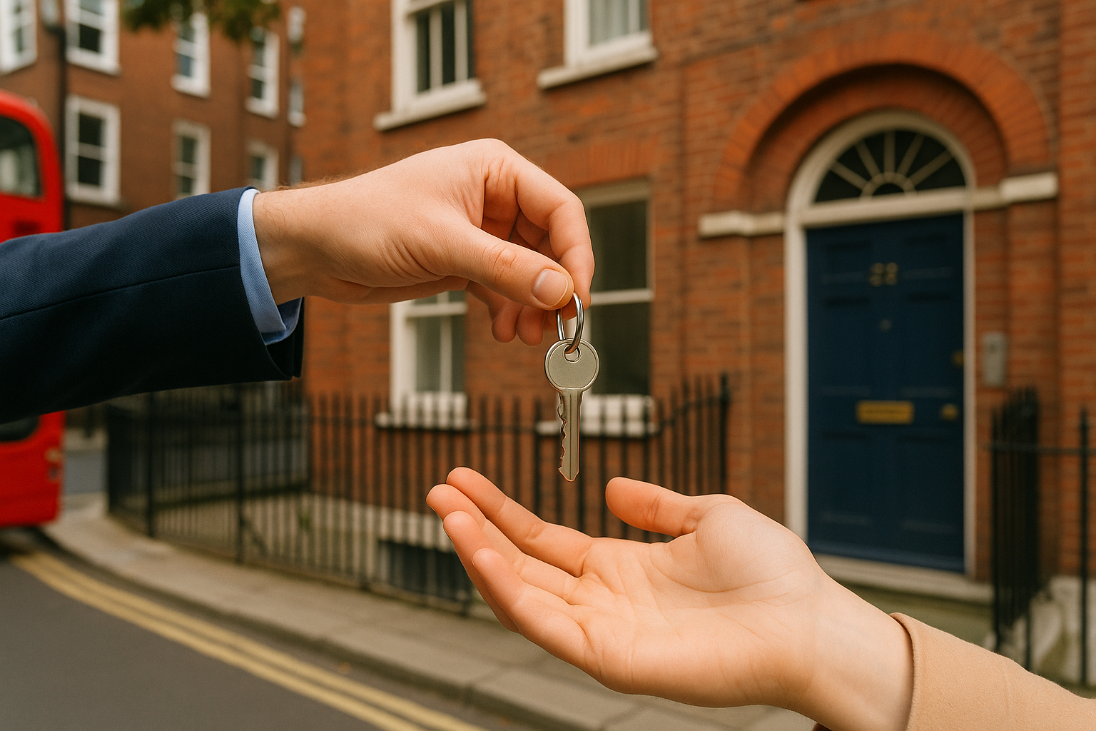 Handing over keys to another hand in front of a brick building