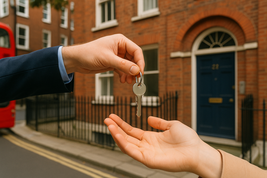 Handing over keys to another hand in front of a brick building
